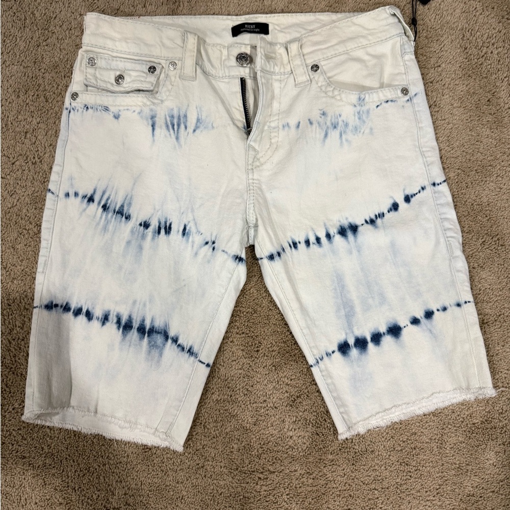 True Religion Blue and White Tie-Dye Jean Shorts